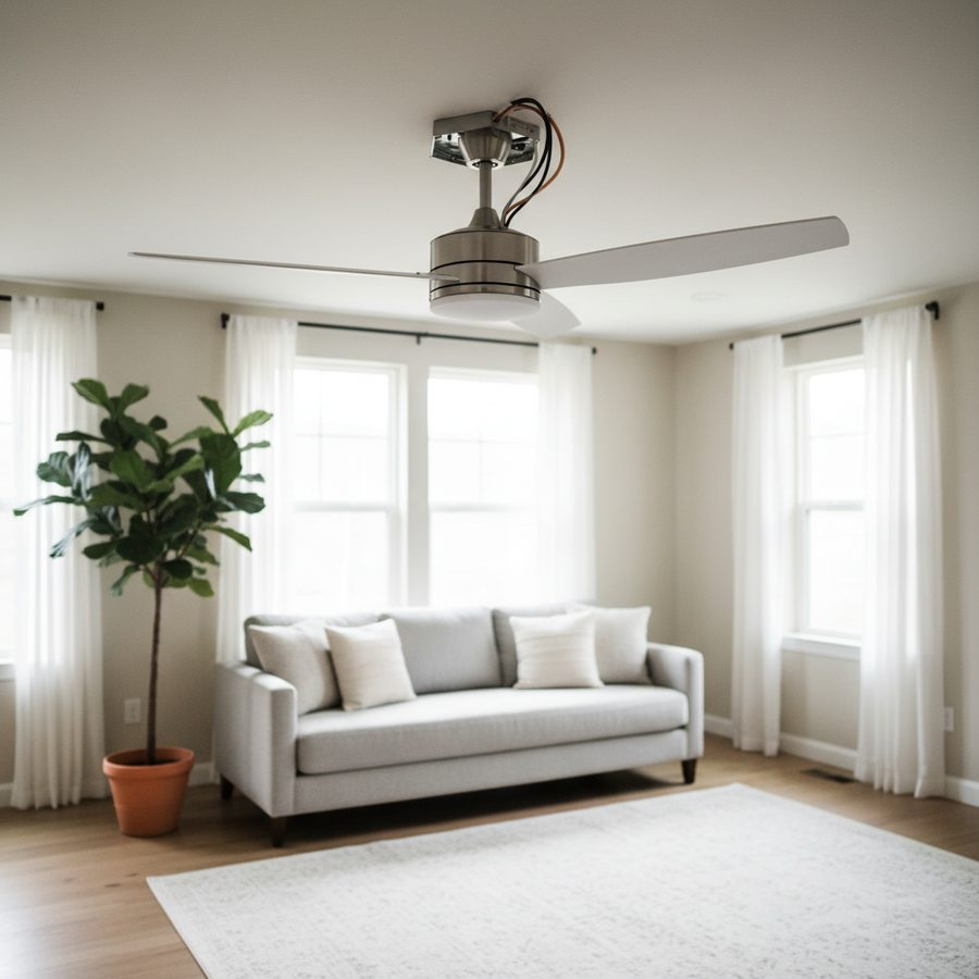 New ceiling fan installed in a bright living room