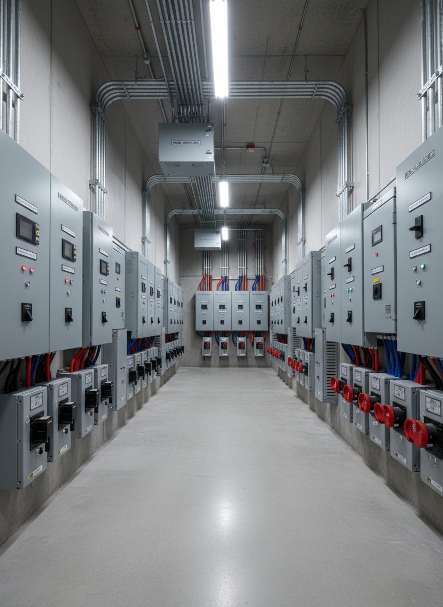 Commercial electrical room with 3-phase panels and disconnects
