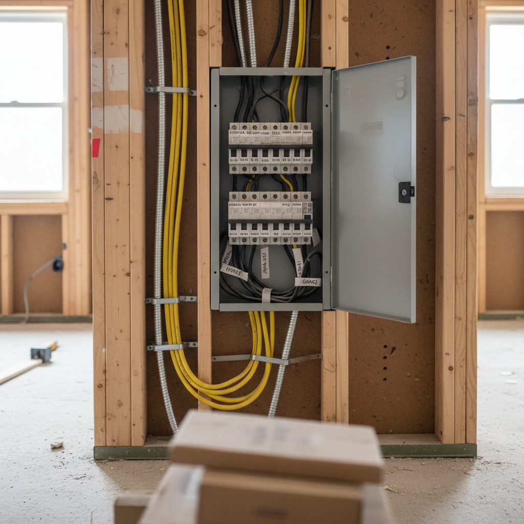 Electrical panel roughed into a framed wall with conduit and cable runs during a buildout