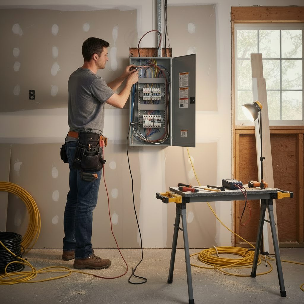 Electrician wiring a breaker panel during a remodel