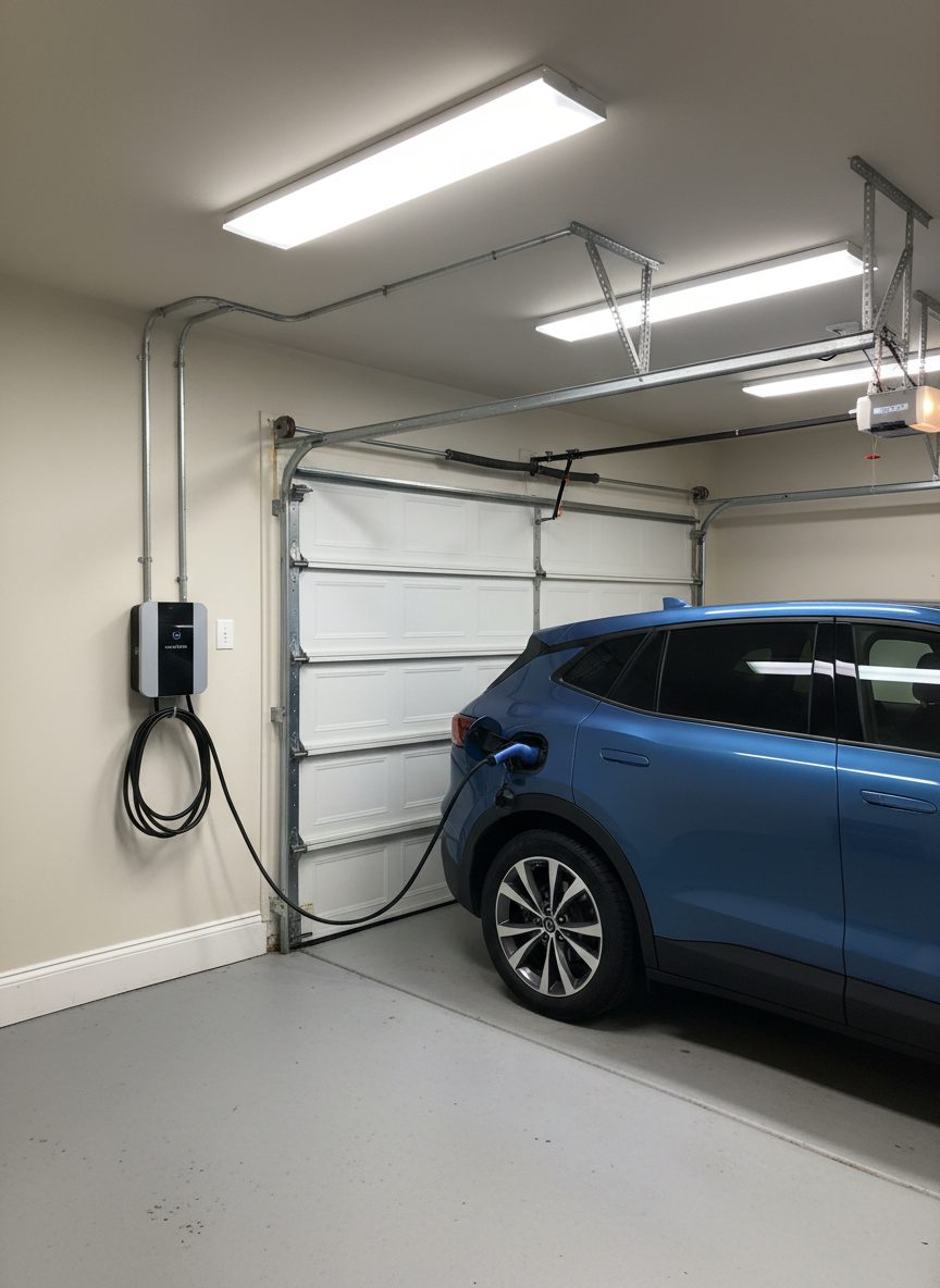 Level 2 EV charger installed in a home garage