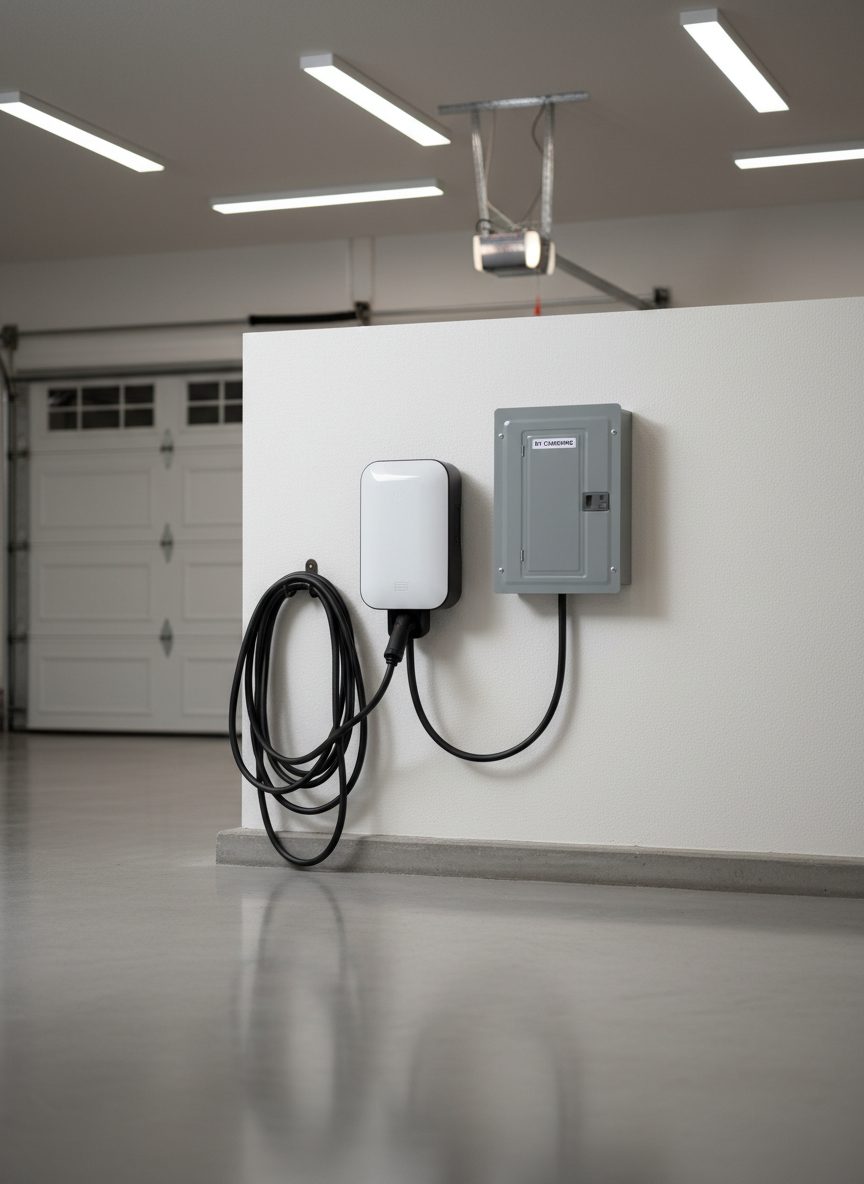 Wall-mounted Level 2 EV charger beside a garage subpanel