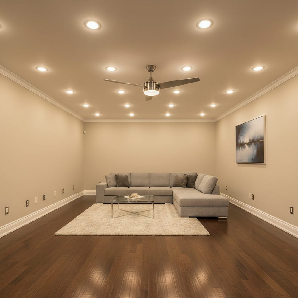 Living room with a completed recessed lighting layout