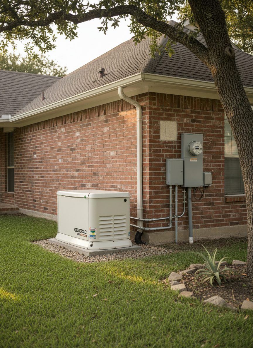 Standby generator installed beside a brick home