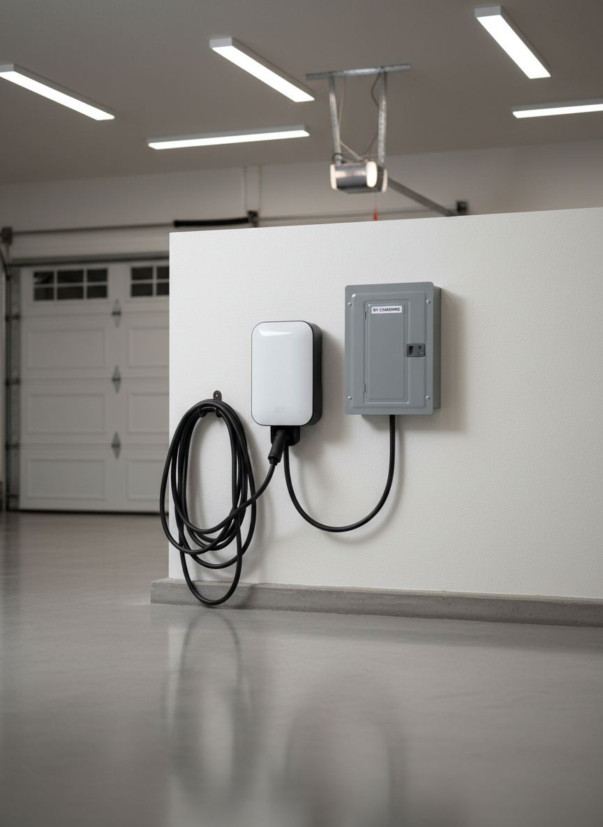 A modern residential garage wall featuring a newly installed level 2 EV charger, its smooth white and gray housing mounted cleanly beside a labeled subpanel and neatly curved conduit dropping to the charger dock. A thick charging cable hangs organized on a hook, with a polished concrete floor beneath and a closed insulated garage door in the background. Overhead LED shop lights provide bright, neutral illumination, creating subtle reflections on the charger casing and soft shadows behind the conduit. Captured in photographic realism from a slightly elevated angle with moderate depth of field, the composition centers the EV charger while including enough surrounding context to show a tidy, professionally finished installation. The mood is clean, modern, and forward-looking, emphasizing reliable home EV charging solutions.