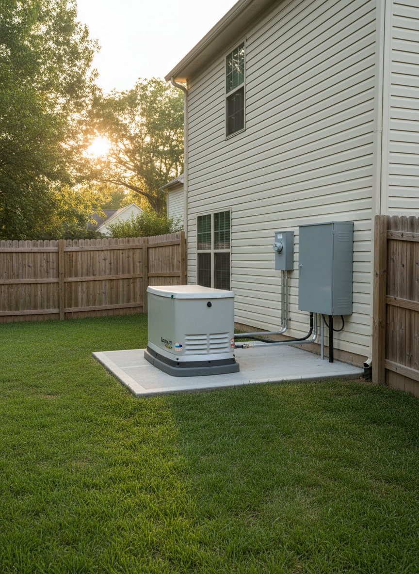 A suburban backyard scene with a standby home generator and backup battery system installed neatly along the exterior wall of a house. The generator’s light gray weatherproof enclosure sits on a level concrete pad, with conduit and cabling running cleanly into a matching transfer switch box and battery cabinet mounted on the siding. Well-kept grass and a privacy fence frame the equipment, while late afternoon natural light casts a warm, gentle glow and soft shadows across the units. Photographic realism from an eye-level, slightly angled composition emphasizes the connection points and professional cable management. The mood is secure, prepared, and reassuring, visually conveying reliable emergency power solutions without showing any people.
