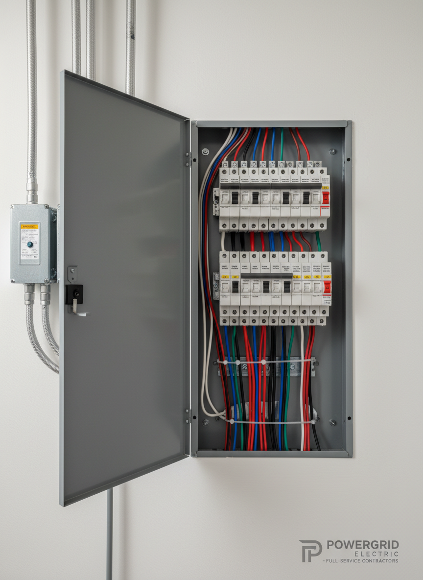 A meticulously organized residential electrical panel with neatly labeled breakers and perfectly aligned wiring, mounted on a clean painted drywall surface in a modern utility room. The metal panel door is open, revealing tidy copper and colored insulation cables routed with professional precision. Soft, diffused daylight enters from an unseen basement window, creating gentle reflections on the breaker switches and casting subtle shadows along the wall. Shot at eye level in photographic realism with sharp focus throughout, the composition uses the rule of thirds to highlight the panel while including portions of conduit and junction boxes. The mood is professional, orderly, and trustworthy, conveying the competence of a full-service electrical contractor.