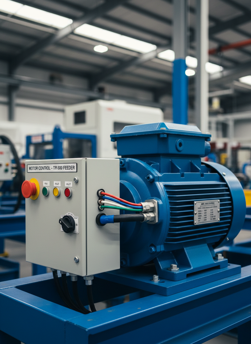 A close-up of a high-quality industrial three-phase motor and its control panel mounted on a painted steel frame inside a manufacturing space. The motor’s blue housing, cooling fins, and nameplate are clearly visible, with armored cable and color-coded wiring running into a labeled metal control box featuring push buttons, indicator lights, and a disconnect switch. Overhead warehouse lighting provides bright, cool illumination, producing subtle highlights on the motor’s curved surfaces and crisp shadows beneath. Captured in photographic realism from a low, three-quarter angle with shallow depth of field, the motor and control box are in sharp focus while the background machinery blurs softly. The atmosphere is technical, precise, and robust, highlighting expertise in three-phase motors, controllers, and equipment troubleshooting.